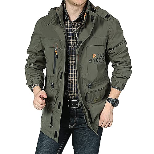 Winddichte Jacke Männer Frühling Herbst Lose Kaputzen Jacke Herren Draussen Bergsteigen Zip Jacke Herren Mehrere Taschen Einfachheit Casual Jacke Herren A-Army Green1 5XL von WishKu