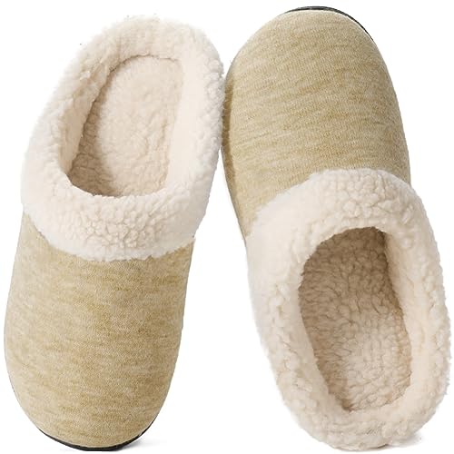 Wishcotton Hausschuhe Damen Plüsch Slippers, Warme und Bequeme Pantoffeln mit rutschfester Memory Foam Gummisohle,Hellbeige,40.5/41.5EU von Wishcotton