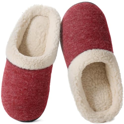 Wishcotton Hausschuhe Damen Plüsch Slippers, Warme und Bequeme Pantoffeln mit rutschfester Memory Foam Gummisohle,Weinrot,40.5/41.5EU von Wishcotton