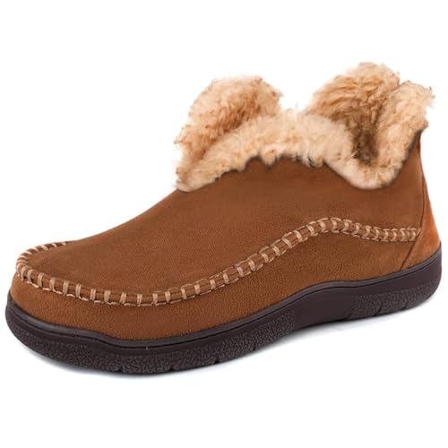 Wishcotton Hausschuhe Herren Wildleder Pantoffeln mit Fleecefutter, weiche und rutschfeste Gummisohle, Warme und bequeme Winter Mokassin,Kamel,44EU von Wishcotton