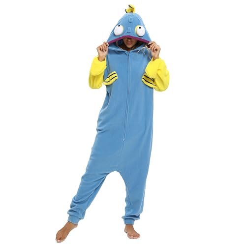 Wishliker Erwachsene Onesie Tier Pyjama Halloween Cosplay Kostüme Party Wear, Fisch-Reißverschluss, XL von Wishliker