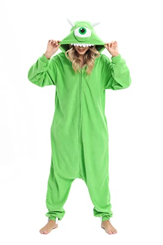 Wishliker Mike Pyjama Tier Onesie Kostüm Unisex Erwachsene Halloween Cosplay Nachtwäsche Weihnachten, Mike Wazowski-Reißverschluss, grün, L von Wishliker