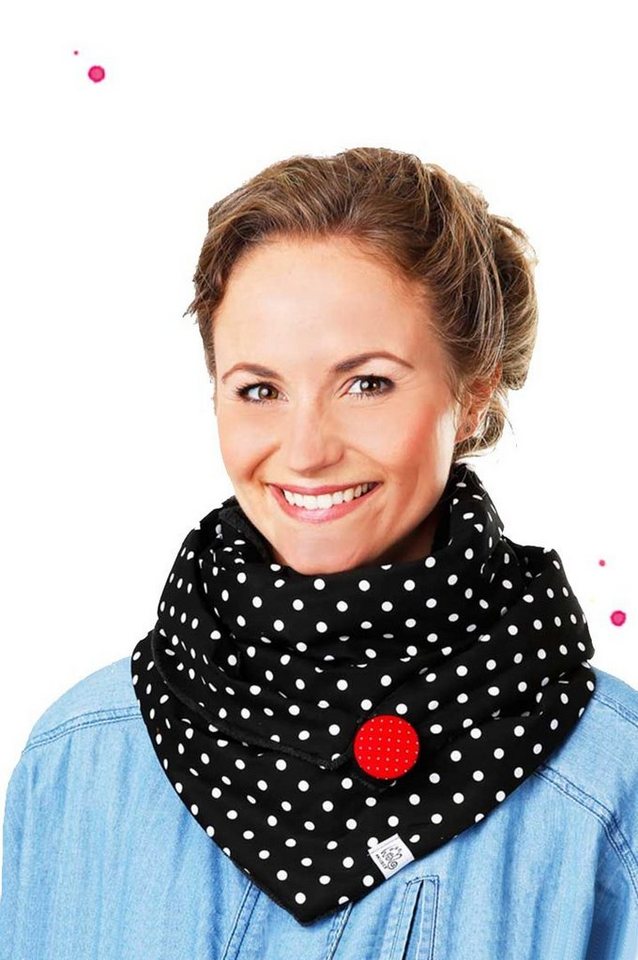 Wishproject® Modetuch Damen Tuch, Schwarz mit Weißen großen Punkten, XXL Schal, Loopschal, Rundschal, Kapuzenschal, Schlauchschal, Bolero, Stola, Vielseitig tragbar Variierbar mittels Knopf und Schlaufe, Hergestellt in Deutschland, Langlebig und Stilvoll von Wishproject®