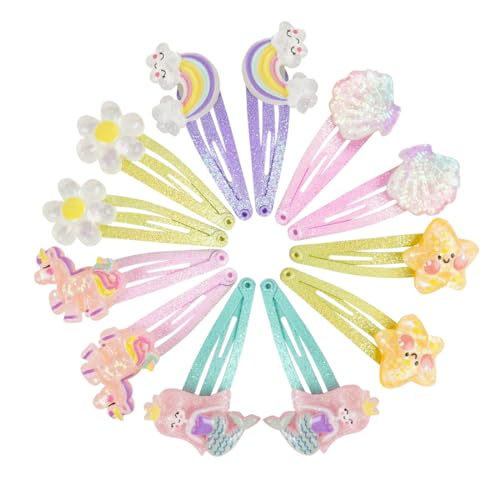 12 Stück Haarspangen Mädchen, Meerjungfrau Schmetterling Haarschmuck, Haarreifen Mädchen Glitzer, Niedliche Haarspangen für Mädchen Geburtstag, Regenbogen Blumen Haar Accessoire für Kinder von Wishstar