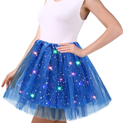 Dunkelblau Tüllrock Damen, 45cm Sterne Pailletten Tanzkleid, Dehnbaren Minirock Mit LED Lichter, Erwachsene Tütü Rock Ballettrock für Fasching Halloween Karneval Party, Ballett Tanzen Dress Teenager von Wishstar