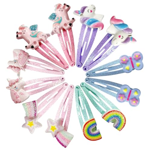 Wishstar 12 Stück Haarspangen Spangen Mädchen, Einhorn Haarspange, Haarreifen Mädchen Glitzer, Cartoon Clips Kinder, Niedliche Haarspangen für Mädchen Geburtstag, Haar Accessoire für Kinder von Wishstar