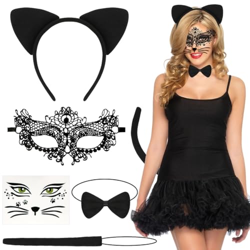 Katzenkostüm damen,Katzen kostüm Set mit Katzenohren Haarreif Schwanz Fliege Lace venezianische maske Katzenaufkleber,Kostüm katze,Katzenohren fasching,Faschingskostüm damen Cosplay Karneval Party-14 von Wishstar