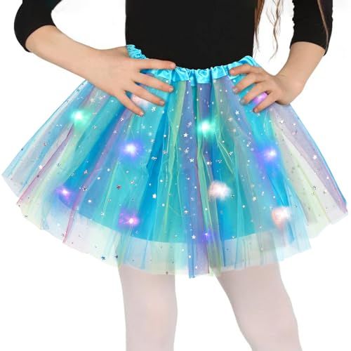 Tüllrock Mädchen Blau Mehrfarbig, Sterne Pailletten Tanzkleid, 30cm Dehnbaren Minirock Mit LED Lichter, kleine Mädchen Tütü Ballettrock für Fasching Halloween Karneval, 3-8 Jahre Kinder Ballett Dress von Wishstar