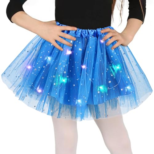 Tüllrock Mädchen Dunkelblau, Sterne Pailletten Tanzkleid, 30cm Dehnbaren Minirock Mit LED Lichter, kleine Mädchen Tütü Rock Ballettrock für Fasching Halloween Karneval, 3-8 Jahre Kinder Ballett Dress von Wishstar