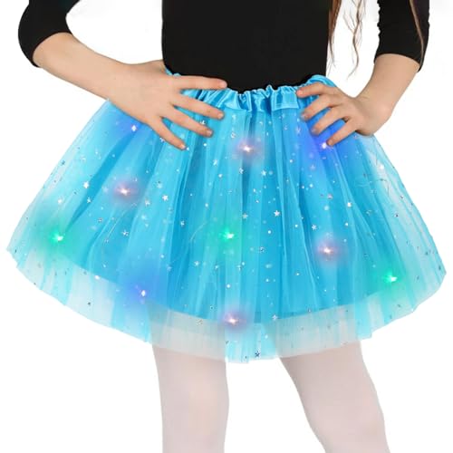 Tüllrock Mädchen Hellblau, Sterne Pailletten Tanzkleid, 30cm Dehnbaren Minirock Mit LED Lichter, kleine Mädchen Tütü Rock Ballettrock für Fasching Halloween Karneval, 3-8 Jahre Kinder Ballett Dress von Wishstar