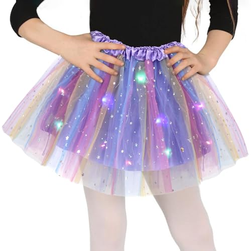 Tüllrock Mädchen Lila Mehrfarbig, Sterne Pailletten Tanzkleid, 30cm Dehnbaren Minirock Mit LED Lichter, kleine Mädchen Tütü Ballettrock für Fasching Halloween Karneval, 3-8 Jahre Kinder Ballett Dress von Wishstar