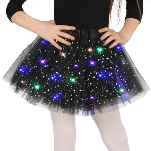 Tüllrock Mädchen Schwarz, Sterne Pailletten Tanzkleid, 30cm Dehnbaren Minirock Mit LED Lichter, kleine Mädchen Tütü Rock Ballettrock für Fasching Halloween Karneval, 3-8 Jahre Kinder Ballett Dress von Wishstar