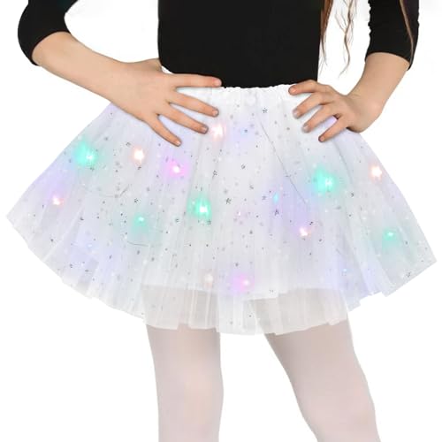 Tüllrock Mädchen Weiß, Sterne Pailletten Tanzkleid, 30cm Dehnbaren Minirock Mit LED Lichter, kleine Mädchen Tütü Rock Ballettrock für Fasching Halloween Karneval, 3-8 Jahre Kinder Ballett Dress von Wishstar