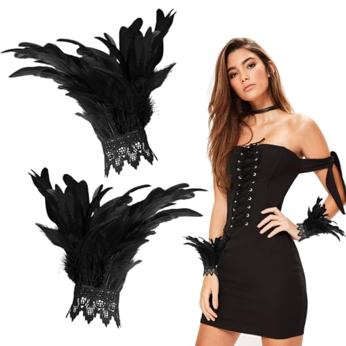 Wishstar Gothic Feder Manschetten Armbänder,Damen Feder Manschetten Schwarz,Schwarze federn accessoires Halloween，Halloween Karnevals Cosplay Gothic Feder Zubehör für Damen von Wishstar