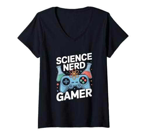 Damen Science Nerd Gamer Controller Chemie Physik Labor T-Shirt mit V-Ausschnitt von Wissenschaft Nerd Gamer Chemie Physik Controller
