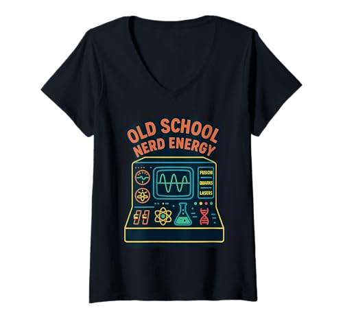 Damen Old School Nerd Energy Fusion Quarks T-Shirt mit V-Ausschnitt Damen Old School Nerd Energy Fusion Quarks T-Shirt mit V-Ausschnitt von Wissenschaft Retro Technik Humor