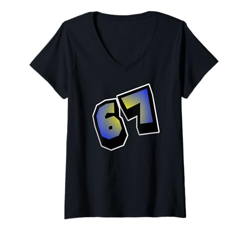 Damen 67 Sechs Sieben Siebenundsechzig T-Shirt mit V-Ausschnitt Damen 67 Sechs Sieben Siebenundsechzig T-Shirt mit V-Ausschnitt von Wistful