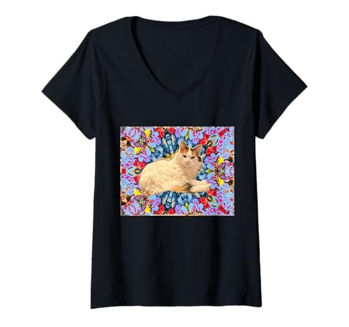 Damen Cassie die Katze und Blumen T-Shirt mit V-Ausschnitt Damen Cassie die Katze und Blumen T-Shirt mit V-Ausschnitt von Wistful
