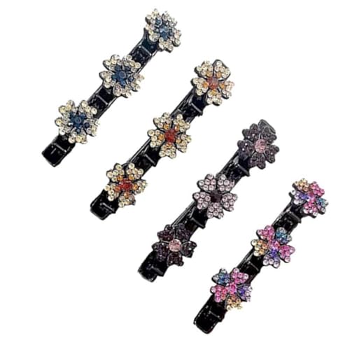 Kristall-Blumen-Haarnadel – geflochtene Haarspangen | Kristall-Haarspange | Haarnadeln | 4 Stück Haarsteine für Zöpfe | Doppel-Pony-Frisuren-Haarnadel für Mädchen und Frauen, doppellagige Haarspange von Wisylizv