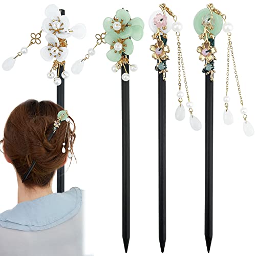 Hair Sticks, 4 Stück Haarstab Haarstäbchen Haarnadel Japanisch, Holz Vintage Chinesischer Haarschmuck Schmetterlingsblume Perlenverzierung, Passend Für Damen Und Mädchen Mit Langem Haar (A) von WitBicg