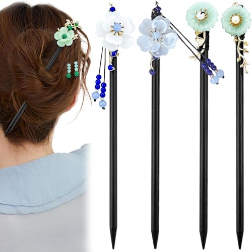 Hair Sticks, 4 Stück Haarstab Haarstäbchen Haarnadel Japanisch, Holz Vintage Chinesischer Haarschmuck Schmetterlingsblume Perlenverzierung, Passend Für Damen Und Mädchen Mit Langem Haar (B) von WitBicg