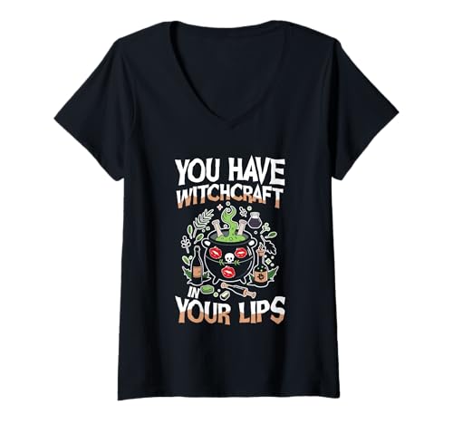Damen Du hast Hexerei in deinen Lippen Halloween-Kesselmagie T-Shirt mit V-Ausschnitt Damen Du hast Hexerei in deinen Lippen Halloween-Kesselmagie T-Shirt mit V-Ausschnitt von Witch Aesthetic Pagan Halloween Cauldron Lips