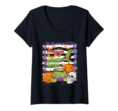 Damen Witch Brew Laufshirt Kessel Kürbisse Totenkopf T-Shirt mit V-Ausschnitt Damen Witch Brew Laufshirt Kessel Kürbisse Totenkopf T-Shirt mit V-Ausschnitt von Witch Brew Running Tee Shirts for Halloween Girls
