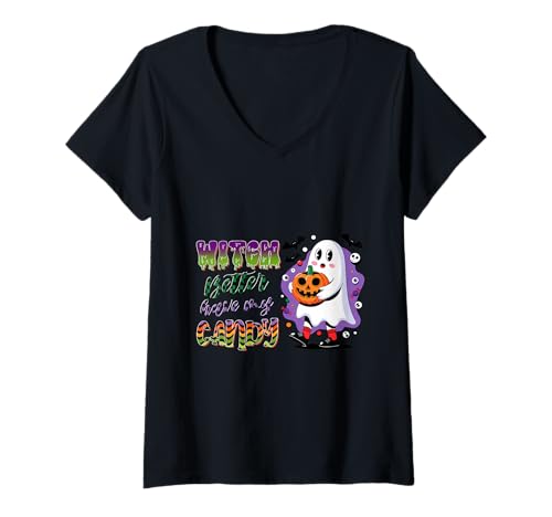 Damen Hexe Candy Ghost Shirt Cute Trick Treat Halloween T-Shirt mit V-Ausschnitt Damen Hexe Candy Ghost Shirt Cute Trick Treat Halloween T-Shirt mit V-Ausschnitt von Witch Candy Ghost Tee Shirts for Halloween Kids