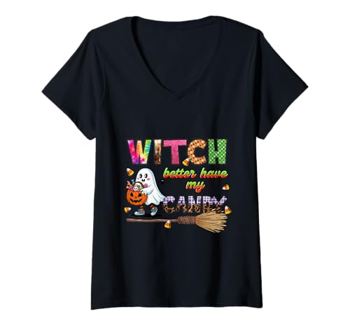 Damen Hexe Candy Shirt Cute Ghost Pumpkin Trick Treat T-Shirt mit V-Ausschnitt von Witch Candy Tee Shirts for Halloween Tricksters