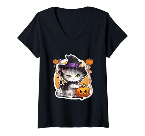 Damen Hexe Katze Halloween Kürbis Kostüm Hexe Katze Halloween T-Shirt mit V-Ausschnitt Damen Hexe Katze Halloween Kürbis Kostüm Hexe Katze Halloween T-Shirt mit V-Ausschnitt von Witch Cat Halloween