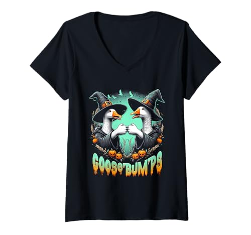 Damen Hexe Gänse Beulen Gänsehaut Halloween Gänse Faust Bump T-Shirt mit V-Ausschnitt Damen Hexe Gänse Beulen Gänsehaut Halloween Gänse Faust Bump T-Shirt mit V-Ausschnitt von Witch Goose Bumps Goosebumps Geese Fist Bump