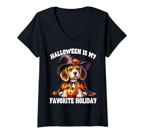 Damen Beagle Dog Graphic for Mom Halloween is My Favorite Holiday T-Shirt mit V-Ausschnitt Damen Beagle Dog Graphic for Mom Halloween is My Favorite Holiday T-Shirt mit V-Ausschnitt von Witch Halloween Beagle Gifts For Beagle Lovers