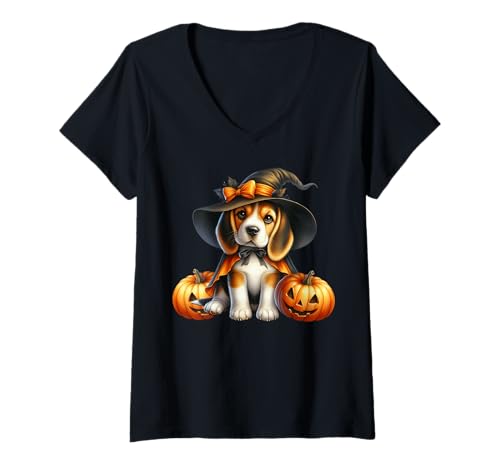 Damen Dog Witch Hat and Jack O Lantern Pumpkin Beagle Halloween T-Shirt mit V-Ausschnitt Damen Dog Witch Hat and Jack O Lantern Pumpkin Beagle Halloween T-Shirt mit V-Ausschnitt von Witch Halloween Beagle Gifts For Beagle Lovers
