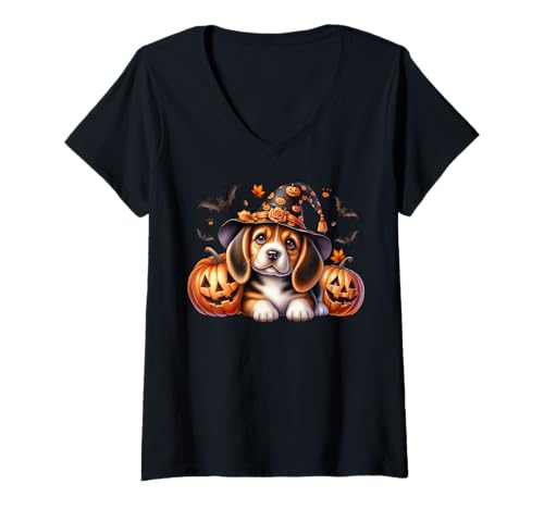 Damen Halloween Beagle In Witch Hat with Jack O Lantern and Bats T-Shirt mit V-Ausschnitt Damen Halloween Beagle In Witch Hat with Jack O Lantern and Bats T-Shirt mit V-Ausschnitt von Witch Halloween Beagle Gifts For Beagle Lovers