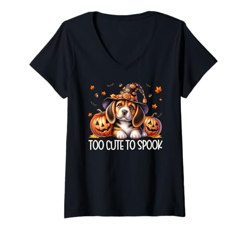 Damen Halloween Dog Witch Beagle Puppy is Too Cute to Spook T-Shirt mit V-Ausschnitt Damen Halloween Dog Witch Beagle Puppy is Too Cute to Spook T-Shirt mit V-Ausschnitt von Witch Halloween Beagle Gifts For Beagle Lovers