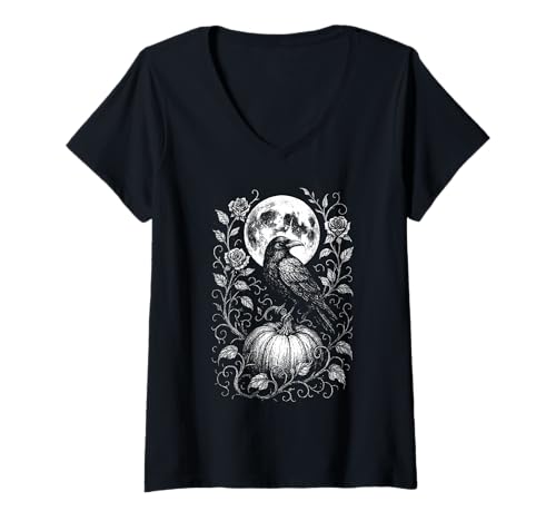 Damen Rabe Mond Kürbis Gothic Dunkel Halloween Hexe T-Shirt mit V-Ausschnitt Damen Rabe Mond Kürbis Gothic Dunkel Halloween Hexe T-Shirt mit V-Ausschnitt von Witch Halloween Raven Roses Wicca Design