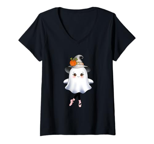 Damen Halloween Ballett Kürbis Hexenhut Niedliche Geist Ballerina T-Shirt mit V-Ausschnitt Damen Halloween Ballett Kürbis Hexenhut Niedliche Geist Ballerina T-Shirt mit V-Ausschnitt von Witch Owl Halloween Shop
