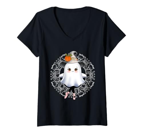 Damen Halloween Ballett Kürbis Mandala Niedliche Geist Ballerina T-Shirt mit V-Ausschnitt Damen Halloween Ballett Kürbis Mandala Niedliche Geist Ballerina T-Shirt mit V-Ausschnitt von Witch Owl Halloween Shop