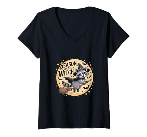 Damen Lustiger Waschbär Staffel der Hexe Retro Halloween T-Shirt mit V-Ausschnitt Damen Lustiger Waschbär Staffel der Hexe Retro Halloween T-Shirt mit V-Ausschnitt von Witch Raccoon