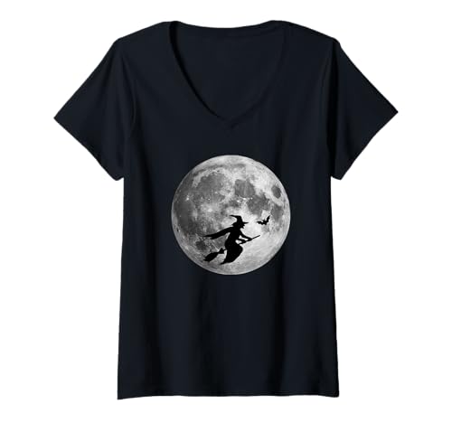 Damen Hexe Vollmond Halloween Kostüm Lustige Hexe Reitbesen T-Shirt mit V-Ausschnitt von Witch Riding Broom At Full Moon Halloween Shirt