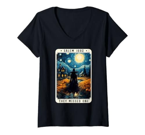 Damen Salem 1692 Halloween Witch They Missed One Tarotkarte Frauen T-Shirt mit V-Ausschnitt von Witch Salem 1692 They Missed One Halloween Shirt