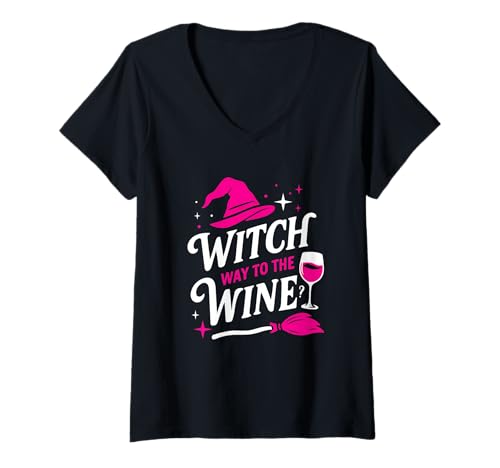 Damen Witch Way to The Wine Lustiger Weinliebhaber Halloween Damen T-Shirt mit V-Ausschnitt Damen Witch Way to The Wine Lustiger Weinliebhaber Halloween Damen T-Shirt mit V-Ausschnitt von Witch Way to the Wine Tee Shirts