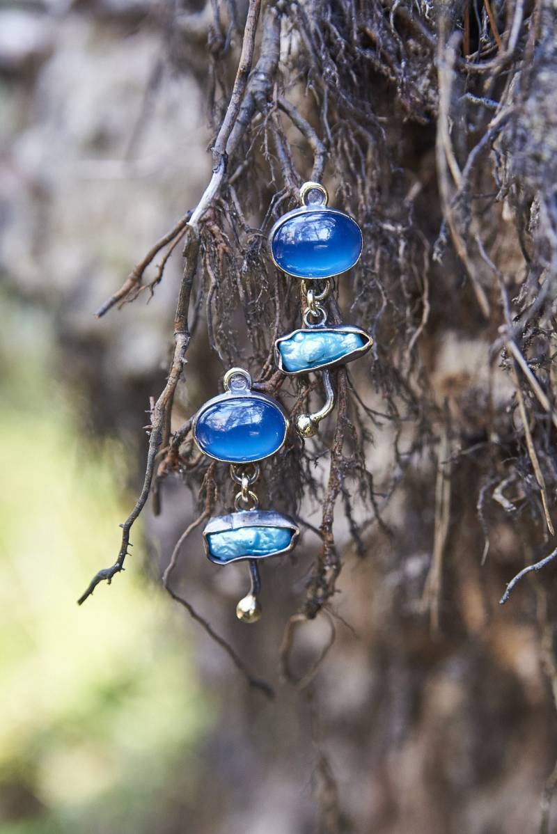 Blau Avantgarde Ohrringe | Handgefertigte Bronze & Sterling Silber Perlmutt-Edelstein Trippy Statement Anhänger Einzigartiges Geschenk Für Sie von WitchJewelryShop