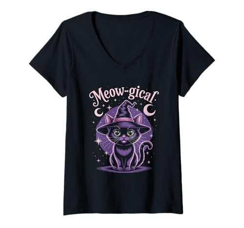 Damen MIAU-gisches Katzen-Hexen-Kostüm T-Shirt mit V-Ausschnitt Damen MIAU-gisches Katzen-Hexen-Kostüm T-Shirt mit V-Ausschnitt von Witchcraft Cat Apparel