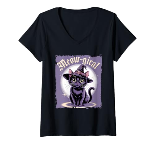 Damen MIAU-gisches Katzen-Hexen-Kostüm T-Shirt mit V-Ausschnitt Damen MIAU-gisches Katzen-Hexen-Kostüm T-Shirt mit V-Ausschnitt von Witchcraft Cat Apparel
