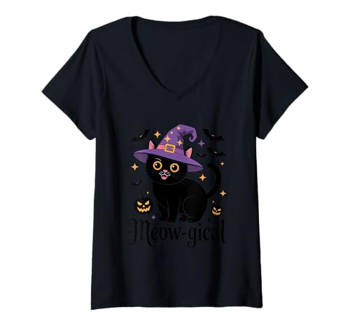 Damen MIAU-gisches Katzen-Hexen-Kostüm T-Shirt mit V-Ausschnitt Damen MIAU-gisches Katzen-Hexen-Kostüm T-Shirt mit V-Ausschnitt von Witchcraft Cat Apparel