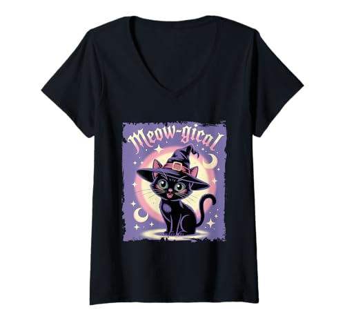 Damen MIAU-gisches Katzen-Hexen-Kostüm T-Shirt mit V-Ausschnitt Damen MIAU-gisches Katzen-Hexen-Kostüm T-Shirt mit V-Ausschnitt von Witchcraft Cat Apparel
