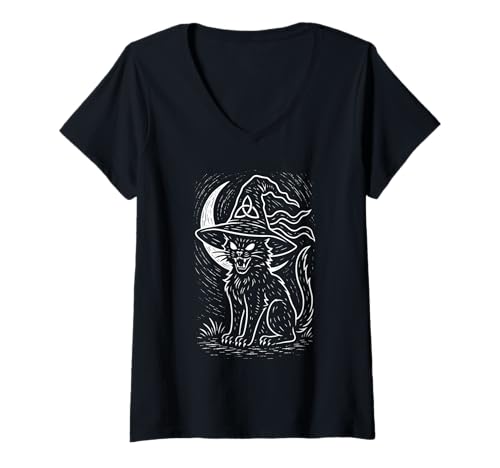 Damen Schwarze Katze Halbmond Hexenhut Heidnisch Gothic Halloween Kunst T-Shirt mit V-Ausschnitt Damen Schwarze Katze Halbmond Hexenhut Heidnisch Gothic Halloween Kunst T-Shirt mit V-Ausschnitt von Witchcraft Wicca Pagan Gothic Folk Art Merch