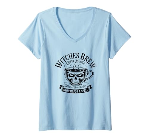 Damen Witches Brew Coffeehouse Schauen Sie für einen Moment vorbei T-Shirt mit V-Ausschnitt von Witches Brew Coffeehouse Halloween Fun