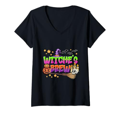 Damen Hexen Brew Shirt Gruselige Halloween Kessel Party T-Shirt mit V-Ausschnitt von Witches Brew Tee Shirts for Halloween Lovers